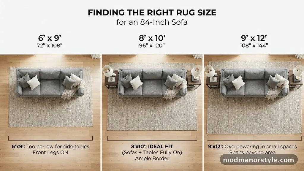 Comparing Common Rug Sizes - What Size Rug Fits Under a Standard 84-Inch 3-Seater Sofa?