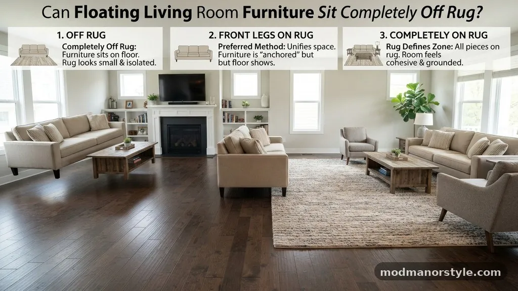Comparing Furniture Placement Methods - Can Floating Living Room Furniture Sit Completely Off the Rug?