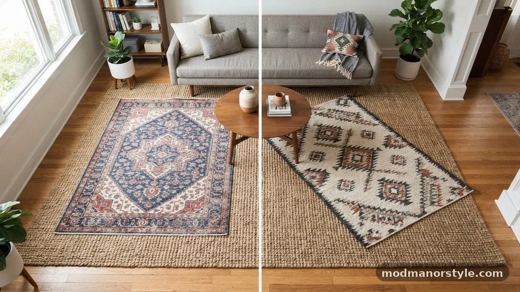 Comparing Layering Options - How to Layer a Smaller Patterned Rug Over a Large Neutral Jute Base