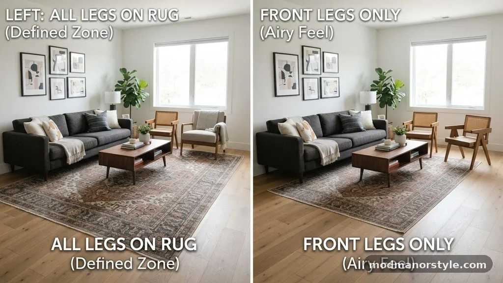 Comparing Layout Strategies - All Legs on the Rug vs Front Legs Only: Interior Design Proportions