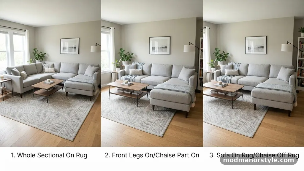 Comparison of Rug Placement Strategies - Sectional Sofas on Area Rugs: Where Should the L-Shape Chaise Rest?
