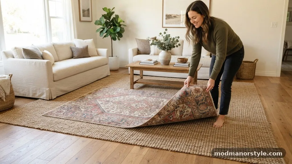 How to Layer a Smaller Patterned Rug Over a Large Neutral Jute Base