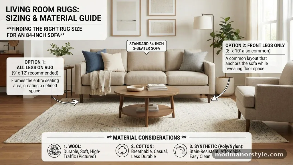 Material Considerations for Living Room Rugs - What Size Rug Fits Under a Standard 84-Inch 3-Seater Sofa?