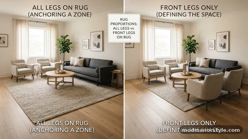 Selecting the Right Rug Material - All Legs on the Rug vs Front Legs Only: Interior Design Proportions