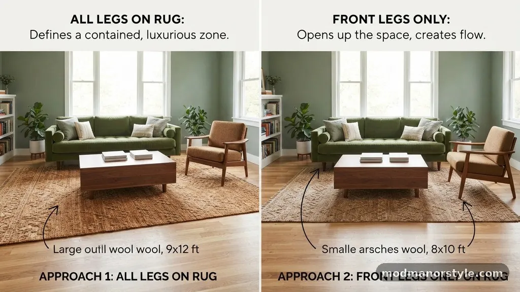 Styling Around Different Furniture Shapes - All Legs on the Rug vs Front Legs Only: Interior Design Proportions