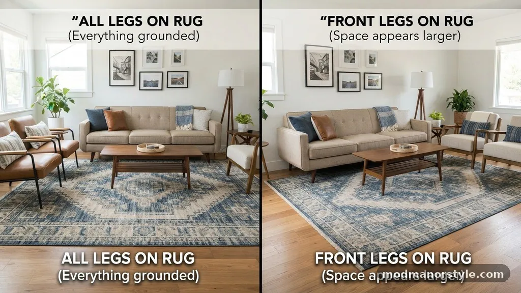 The Core Difference in Rug Placement - All Legs on the Rug vs Front Legs Only: Interior Design Proportions